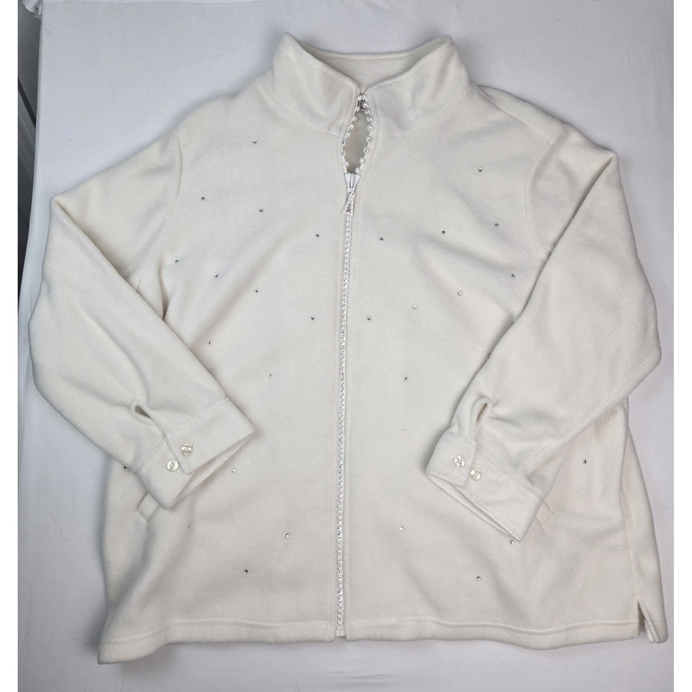 Womens Quaker Factory shirt sz 3X white zip up fleece jacket rhinestone sequin